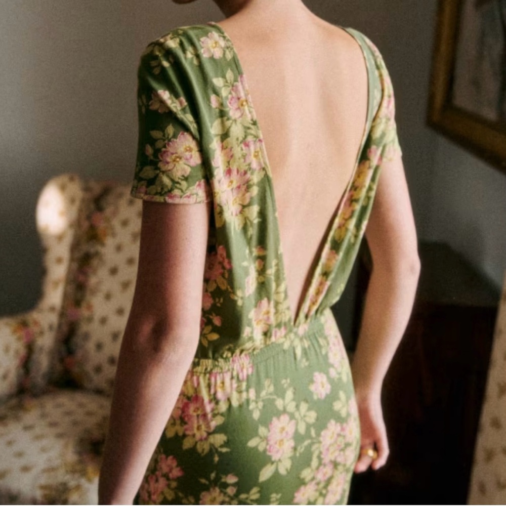 Sezane Green Floral Backless Dress